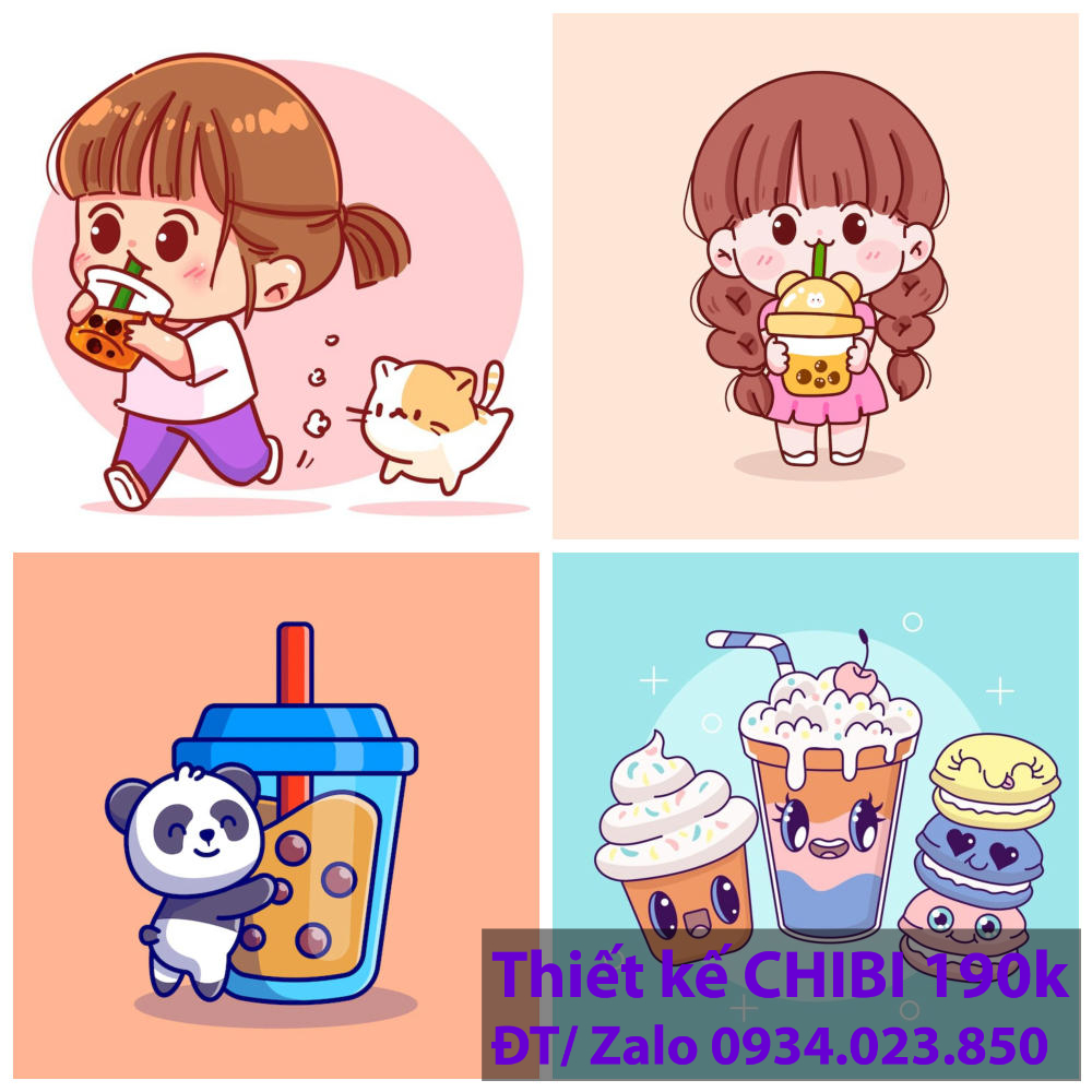 Thiết kế logo vẽ CHIBI trà sữa, chipi ăn vặt 190k cute hoạt hình người