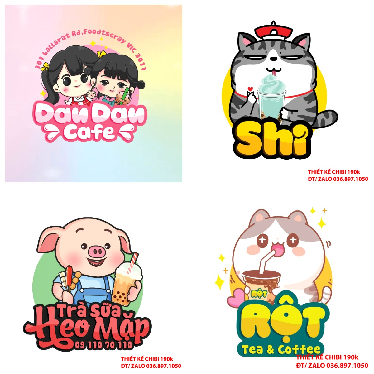 Thiết kế logo vẽ CHIBI trà sữa, chipi ăn vặt 190k cute hoạt hình người