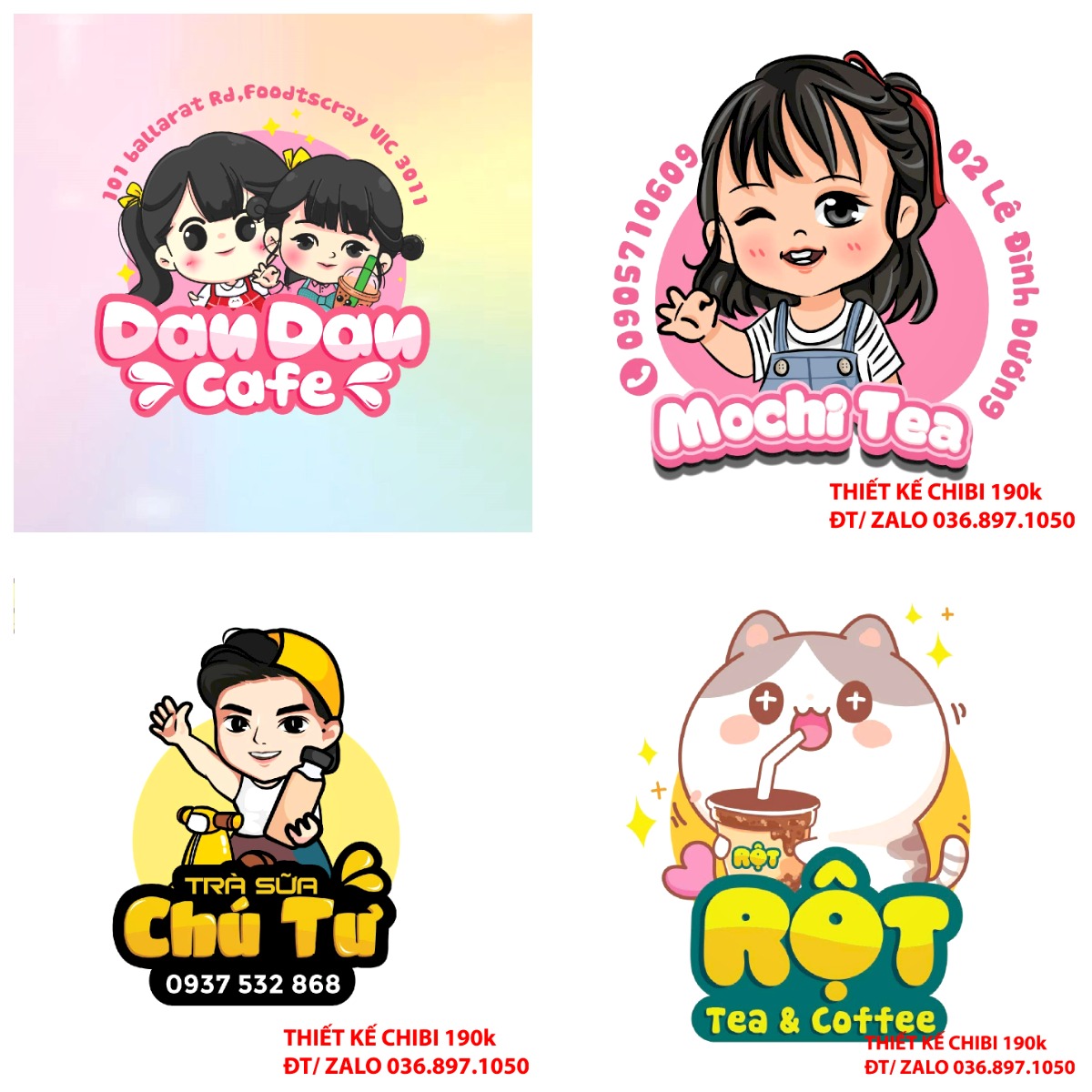 Thiết kế logo vẽ CHIBI trà sữa, chipi ăn vặt 190k cute hoạt hình người