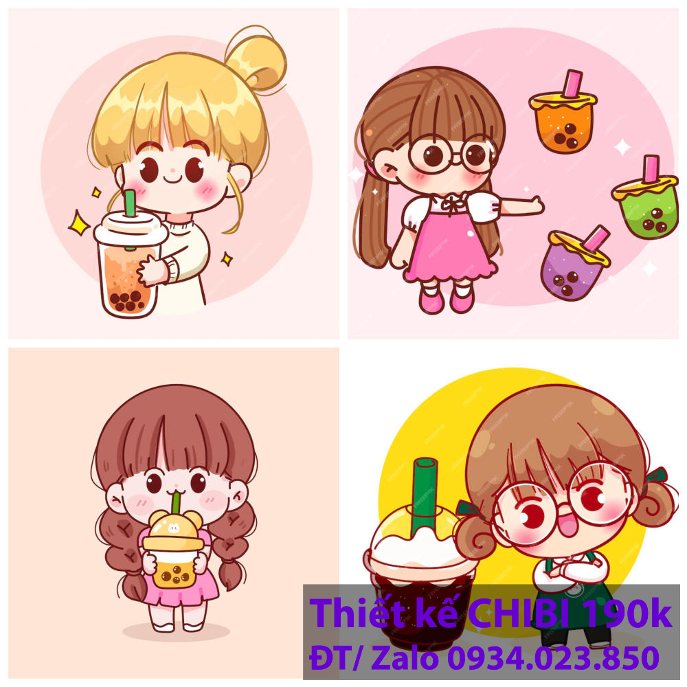 Thiết kế logo vẽ CHIBI trà sữa, chipi ăn vặt 190k cute hoạt hình người