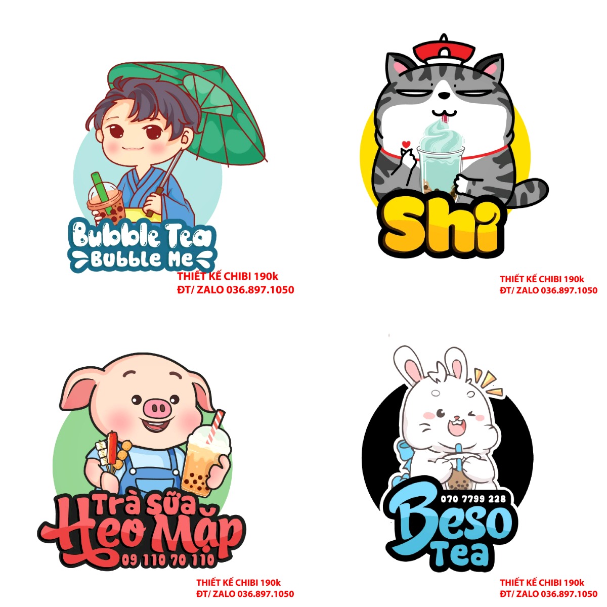 Thiết kế logo vẽ CHIBI trà sữa, chipi ăn vặt 190k cute hoạt hình người