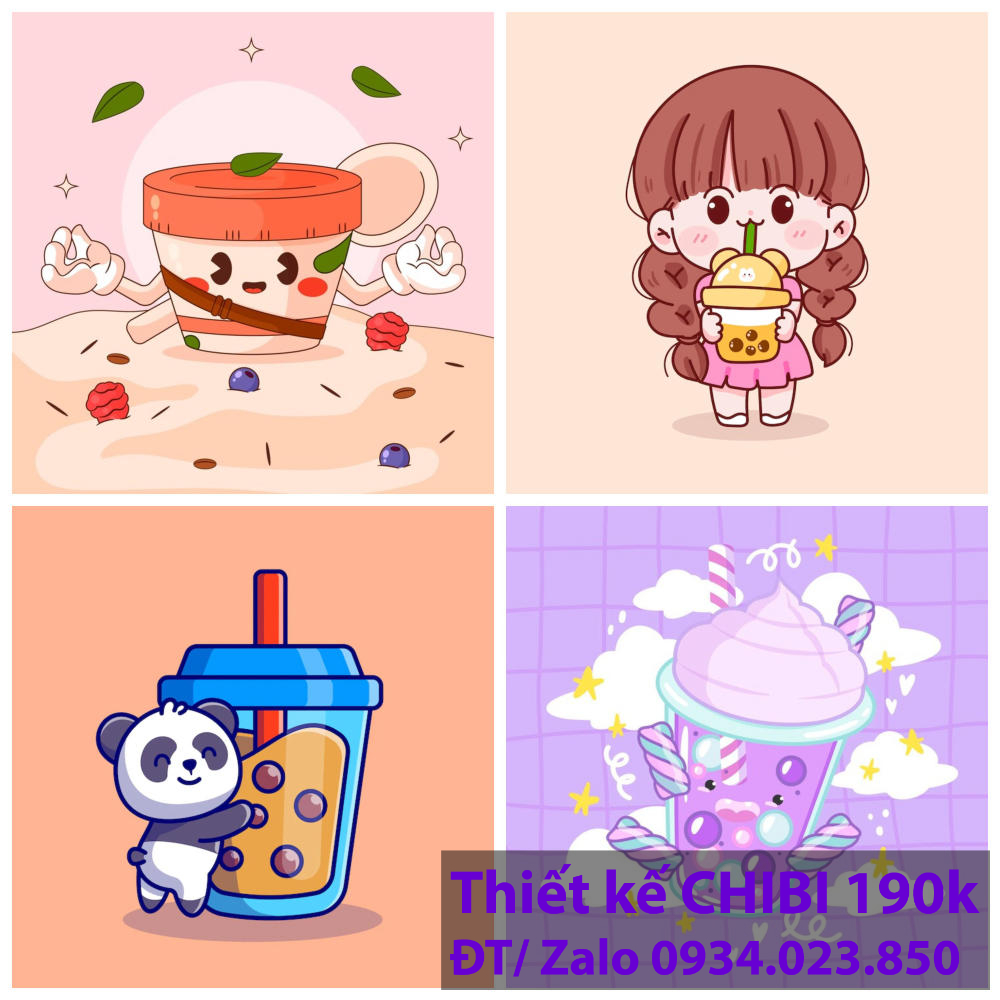 Thiết kế logo vẽ CHIBI trà sữa, chipi ăn vặt 190k cute hoạt hình người