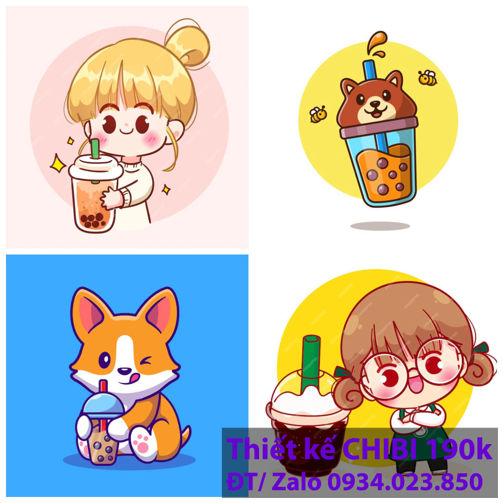 Thiết kế logo vẽ CHIBI trà sữa, chipi ăn vặt 190k cute hoạt hình người