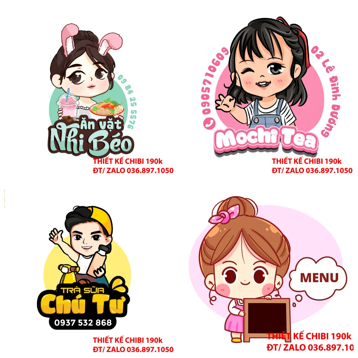 Thiết kế logo vẽ CHIBI trà sữa, chipi ăn vặt 190k cute hoạt hình người