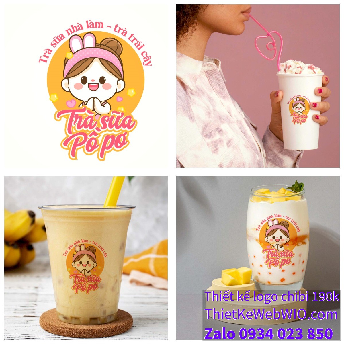 Thiết kế logo vẽ CHIBI trà sữa, chipi ăn vặt 190k cute hoạt hình người