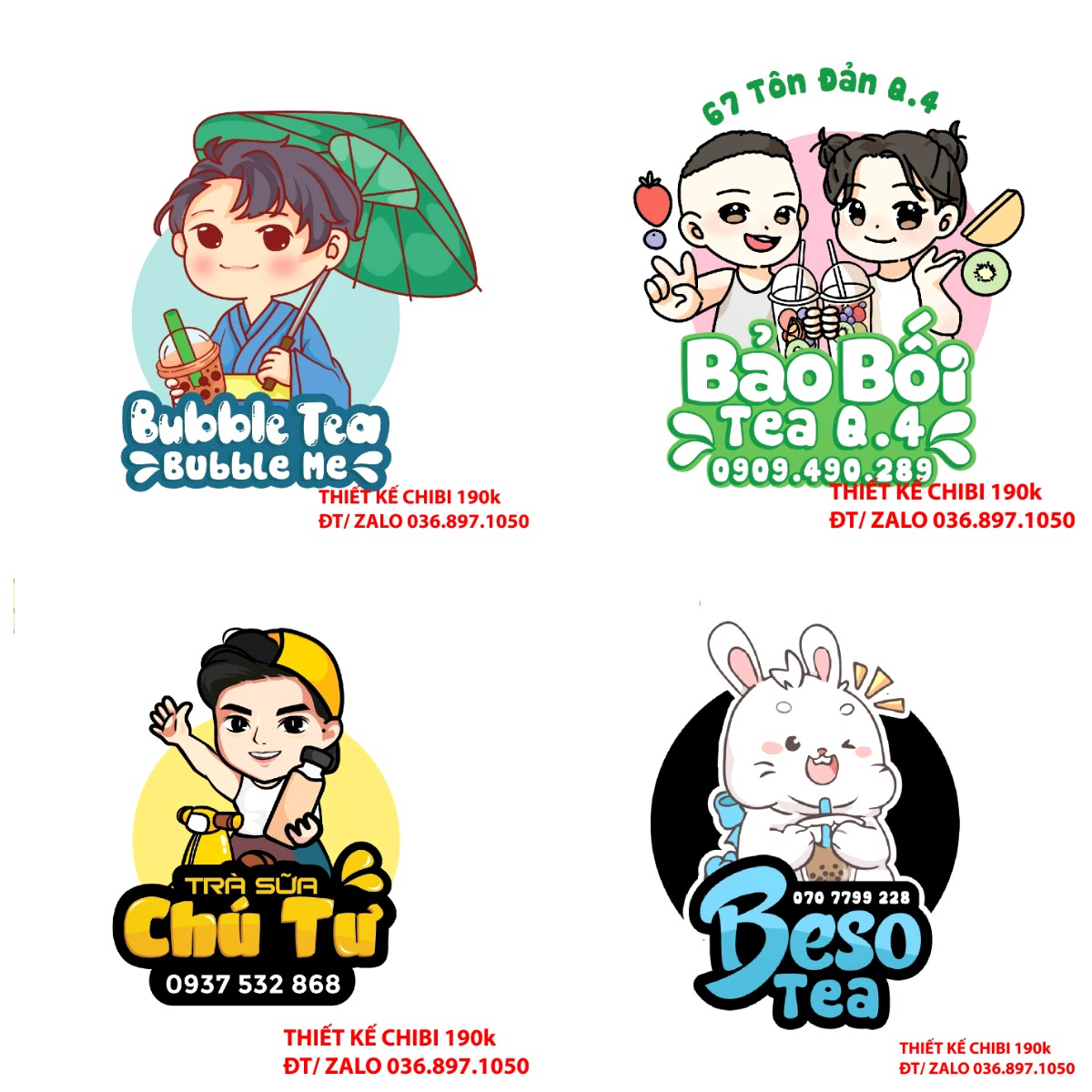 Thiết kế logo vẽ CHIBI trà sữa, chipi ăn vặt 190k cute hoạt hình người