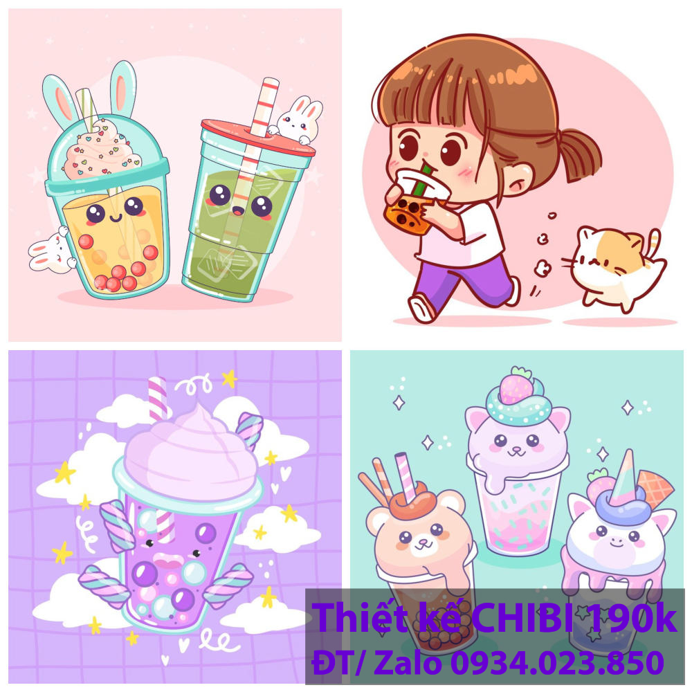 Thiết kế logo vẽ CHIBI trà sữa, chipi ăn vặt 190k cute hoạt hình người