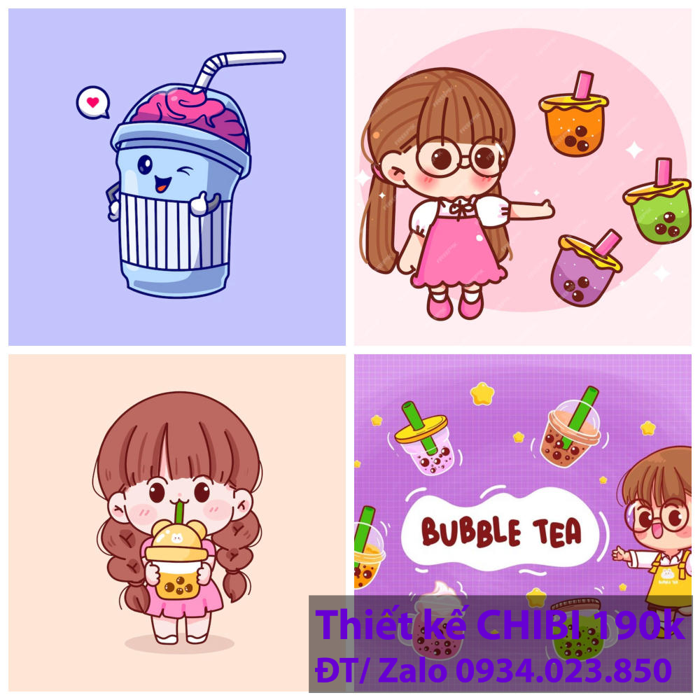 Thiết kế logo vẽ CHIBI trà sữa, chipi ăn vặt 190k cute hoạt hình người