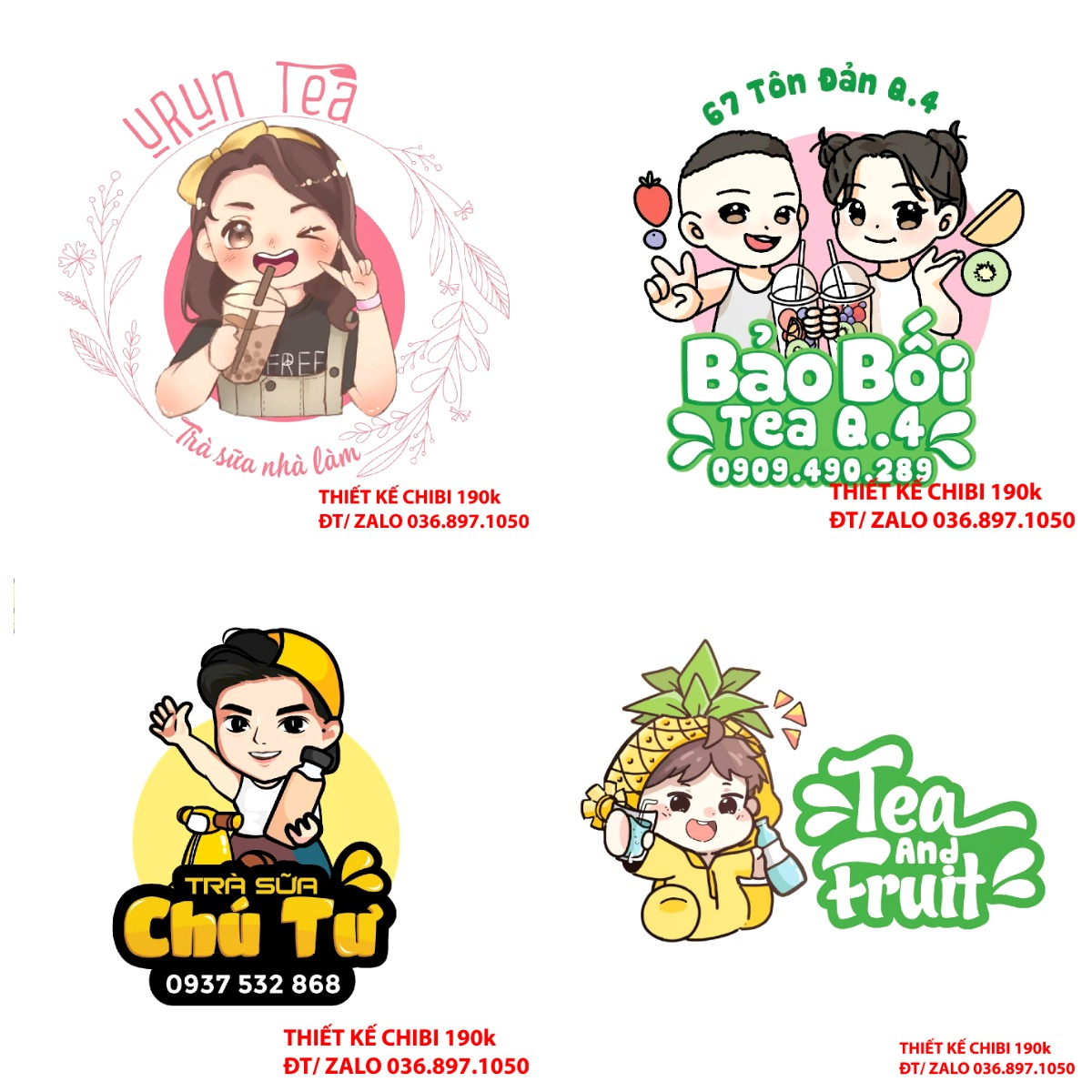 Thiết kế logo vẽ CHIBI trà sữa, chipi ăn vặt 190k cute hoạt hình người