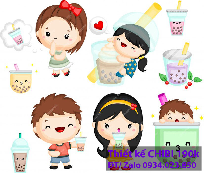 Thiết kế logo vẽ CHIBI trà sữa, chipi ăn vặt 190k cute hoạt hình người