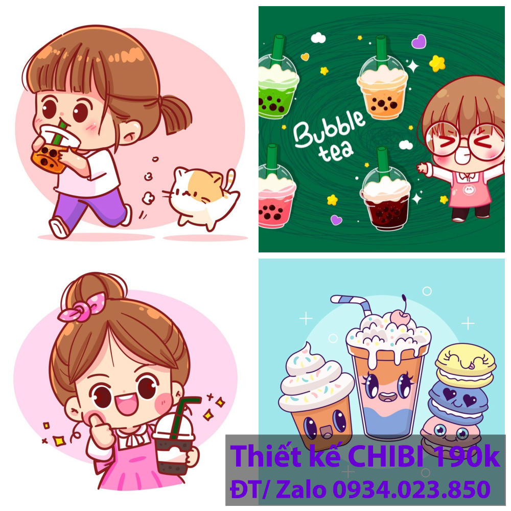 Thiết kế logo vẽ CHIBI trà sữa, chipi ăn vặt 190k cute hoạt hình người