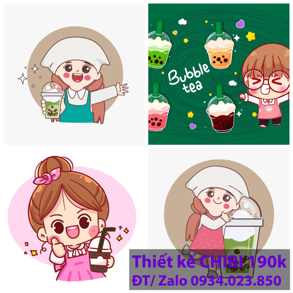 Thiết kế logo vẽ CHIBI trà sữa, chipi ăn vặt 190k cute hoạt hình người