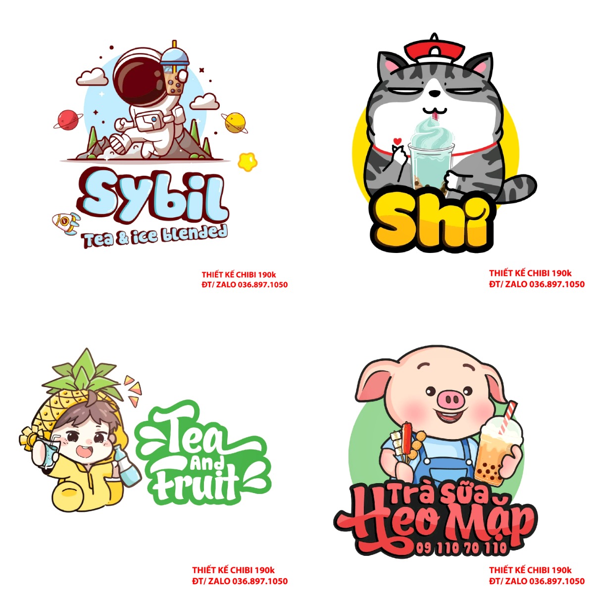 Thiết kế logo vẽ CHIBI trà sữa, chipi ăn vặt 190k cute hoạt hình người