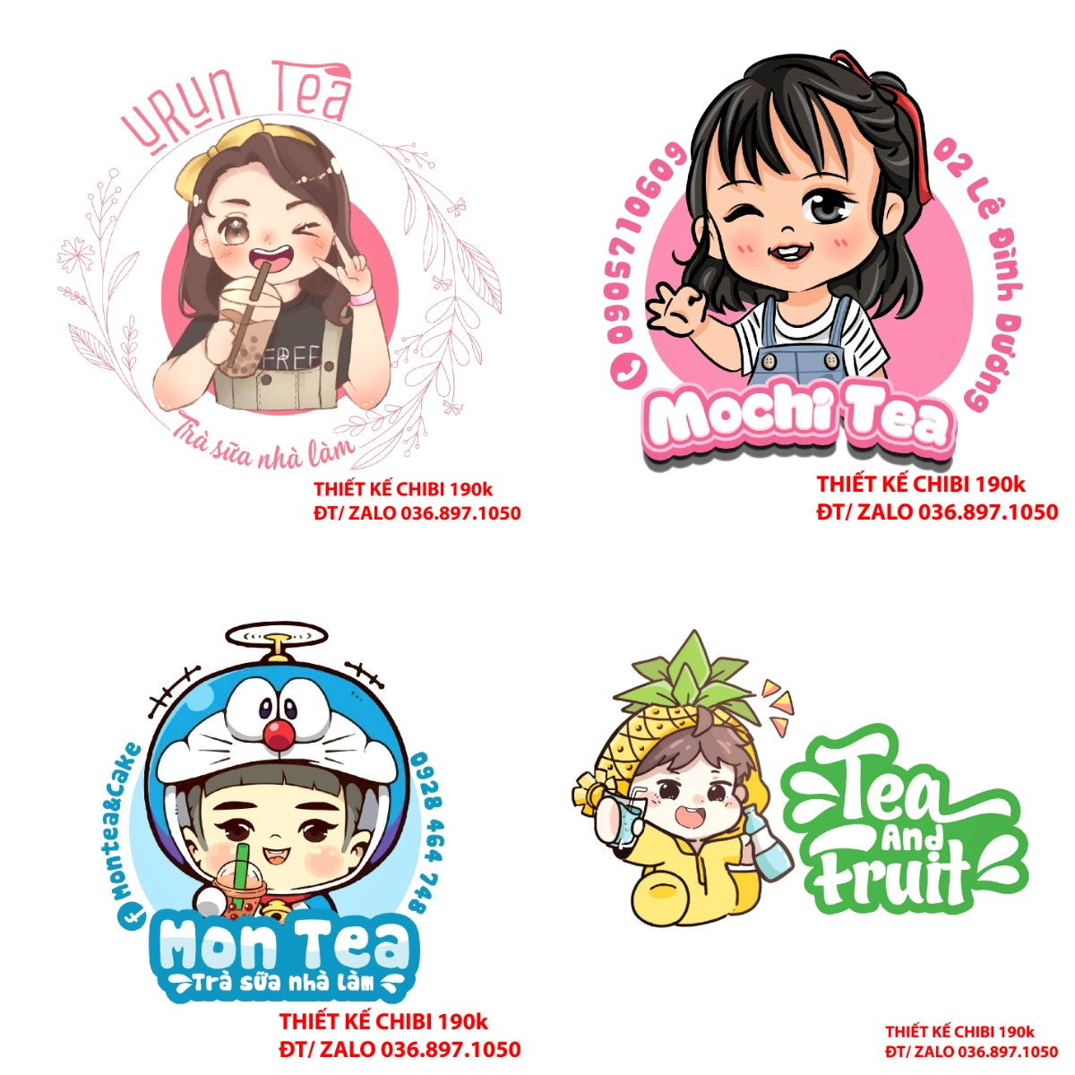 Thiết kế logo vẽ CHIBI trà sữa, chipi ăn vặt 190k cute hoạt hình người