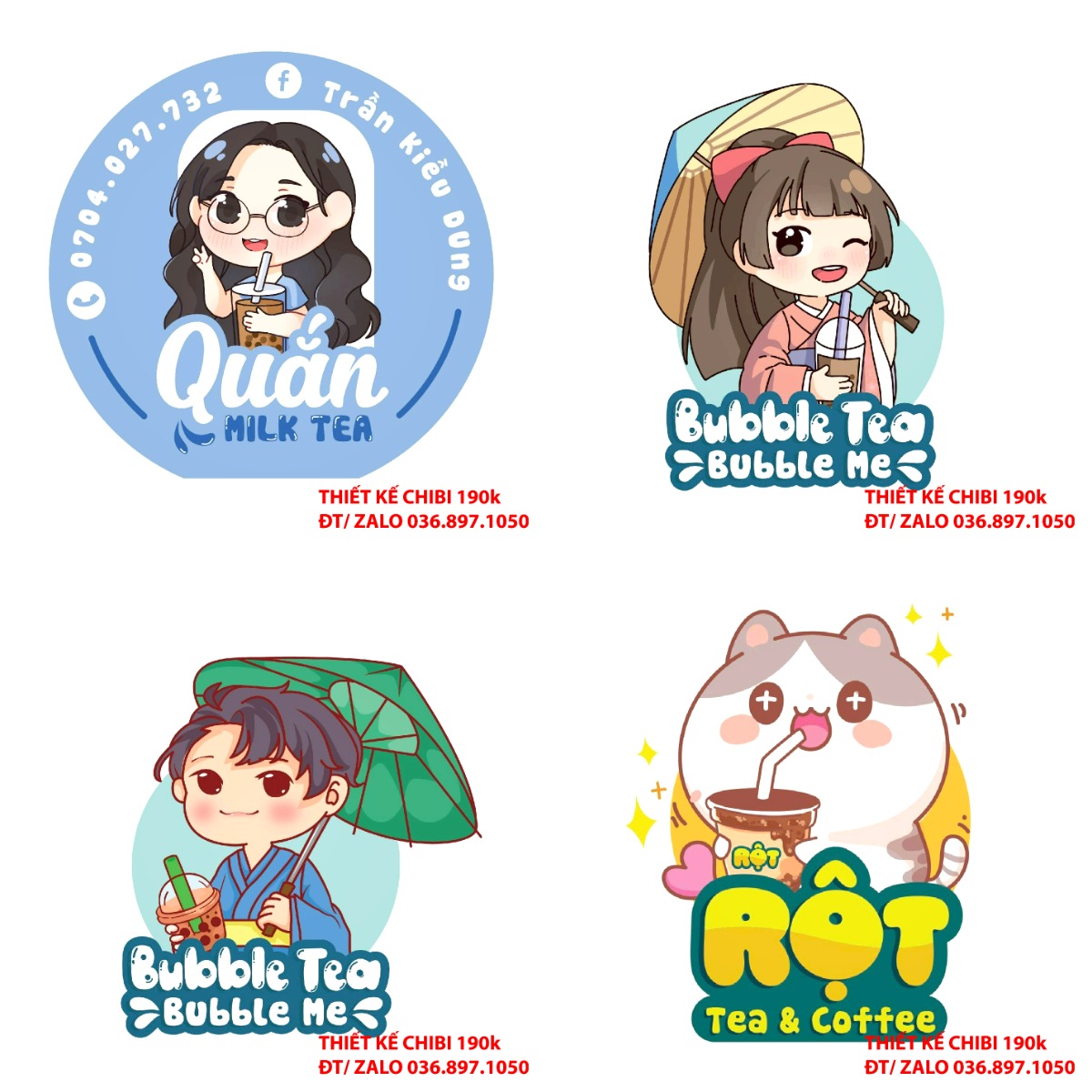 Thiết kế logo vẽ CHIBI trà sữa, chipi ăn vặt 190k cute hoạt hình người