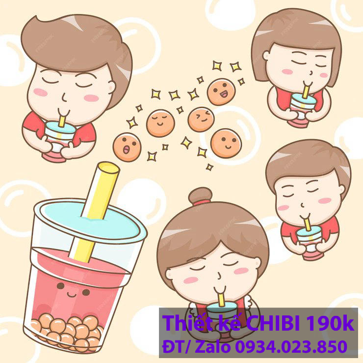 Thiết kế logo vẽ CHIBI trà sữa, chipi ăn vặt 190k cute hoạt hình người