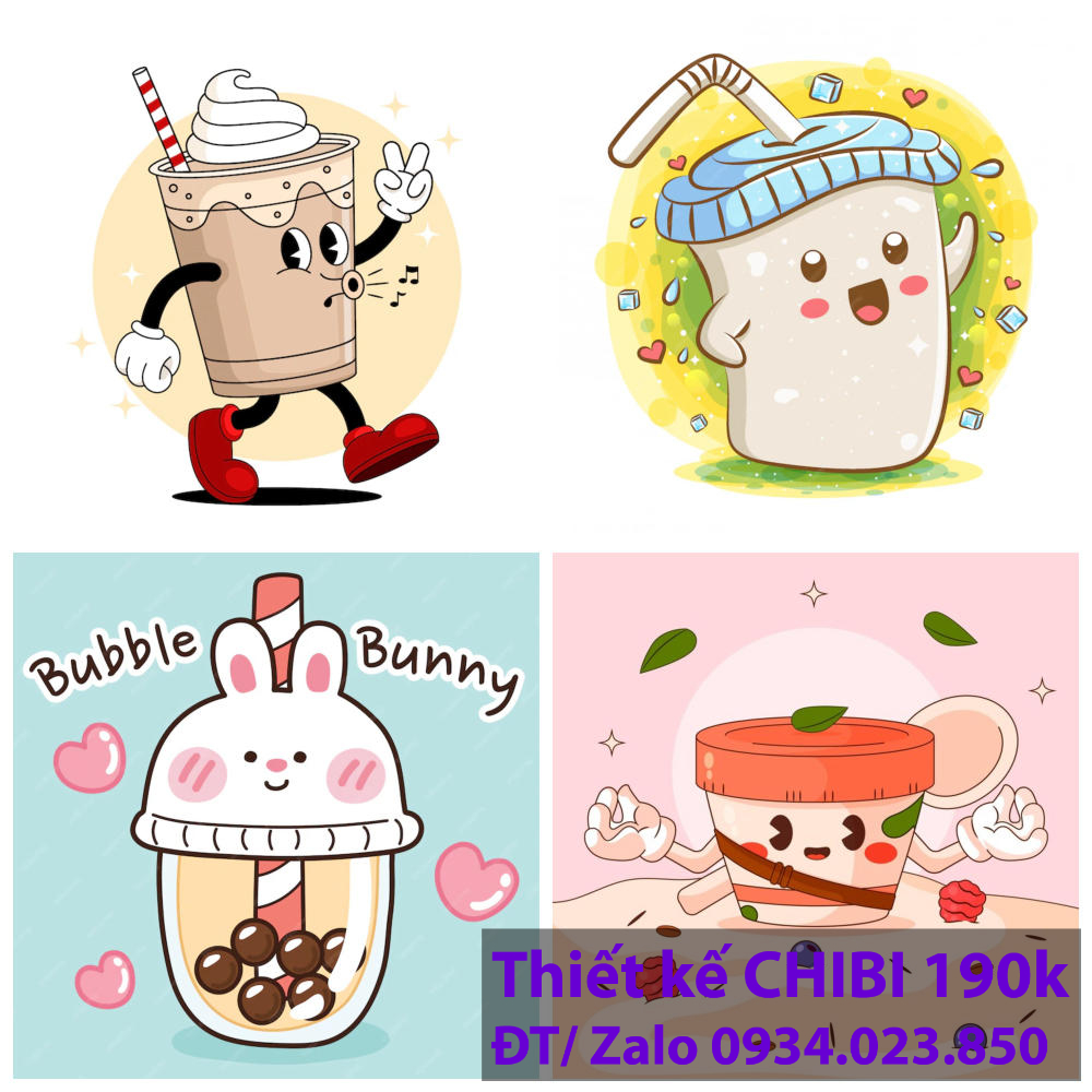 Thiết kế logo vẽ CHIBI trà sữa, chipi ăn vặt 190k cute hoạt hình người