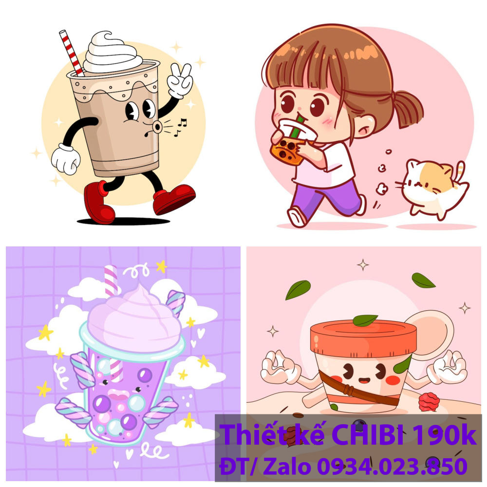 Thiết kế logo vẽ CHIBI trà sữa, chipi ăn vặt 190k cute hoạt hình người