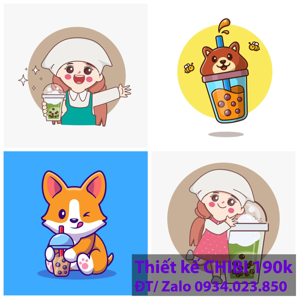 Thiết kế logo vẽ CHIBI trà sữa, chipi ăn vặt 190k cute hoạt hình người