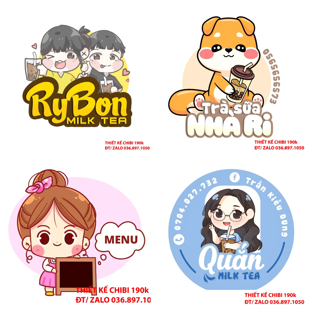 Thiết kế logo vẽ CHIBI trà sữa, chipi ăn vặt 190k cute hoạt hình người