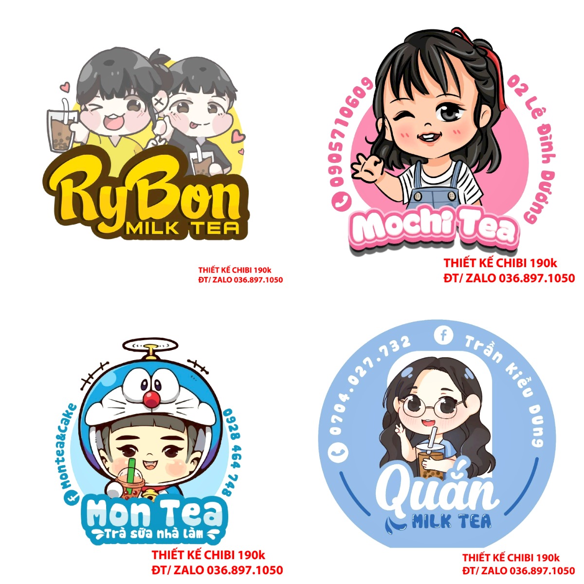 Thiết kế logo vẽ CHIBI trà sữa, chipi ăn vặt 190k cute hoạt hình người