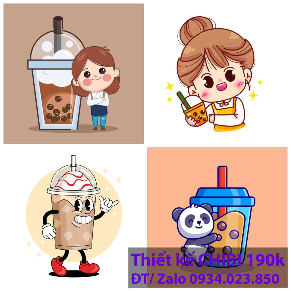 Thiết kế logo vẽ CHIBI trà sữa, chipi ăn vặt 190k cute hoạt hình người