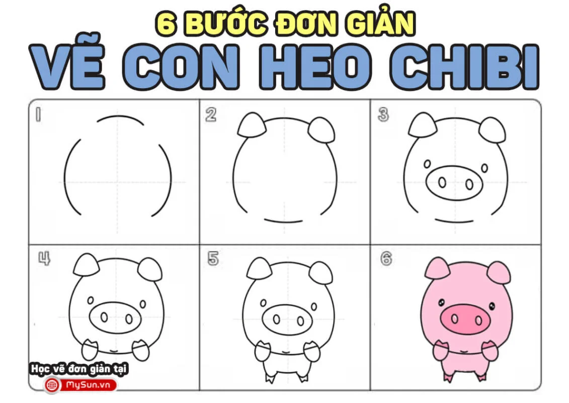 Cách vẽ hình ảnh hoạt hình con heo (lợn) mập chibi cute dễ thương - Bài 14